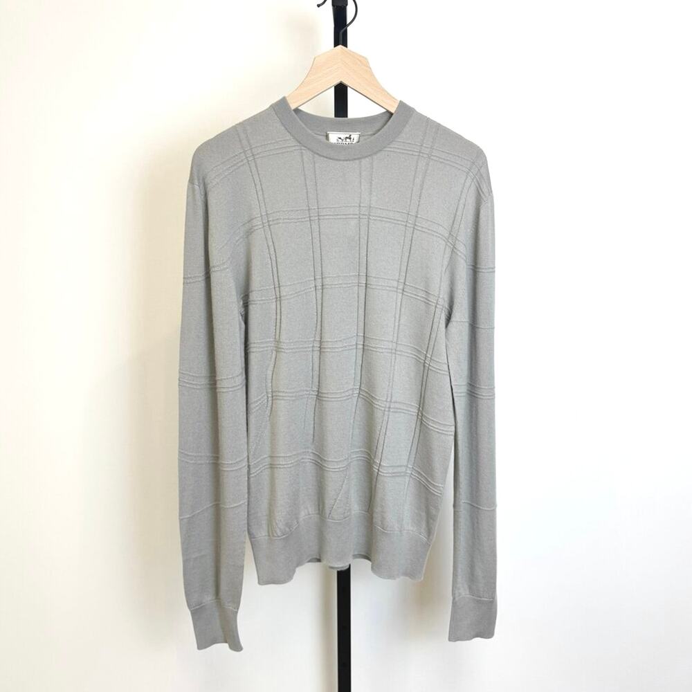 HERMES Gray Cashmere Long Sleeve Crewneck Sweater S NEW Tonal Check Pattern LS